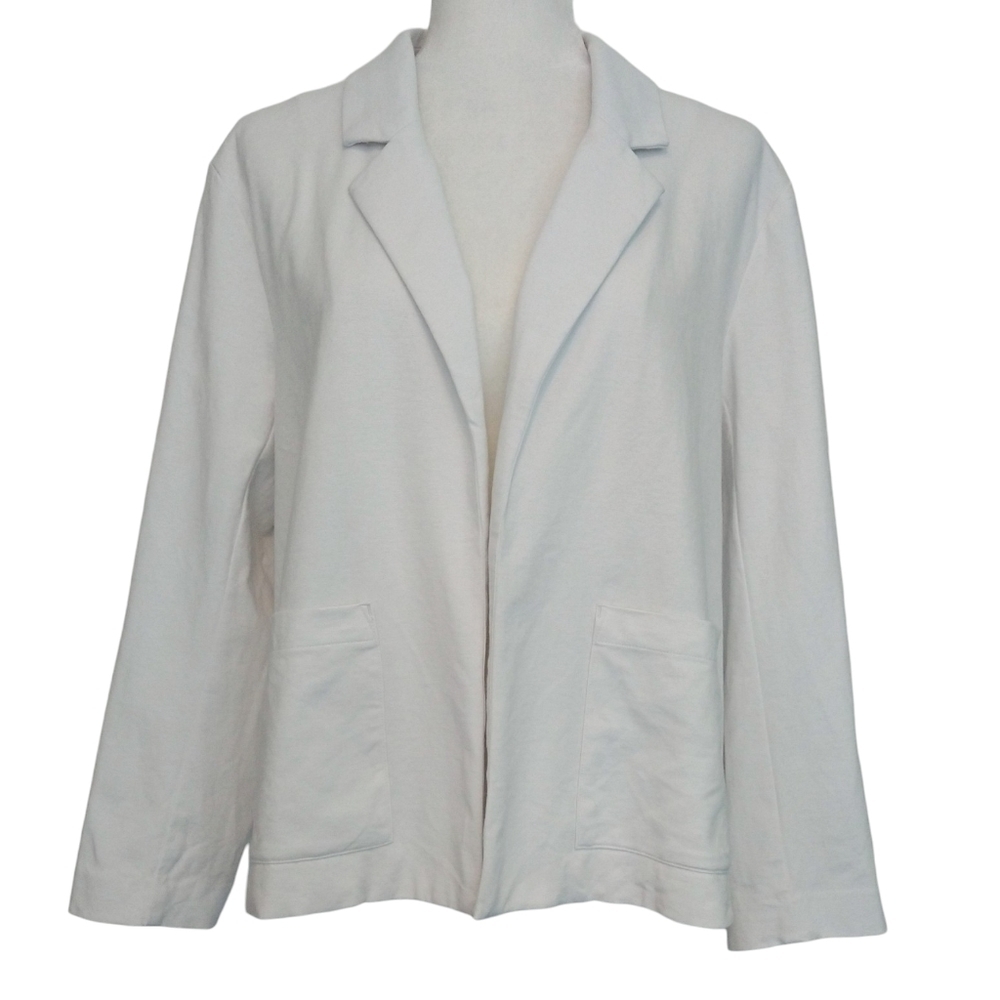 Eileen Fisher Organic Cotton Blend White Ponte Open Front Blazer Pockets Preppy